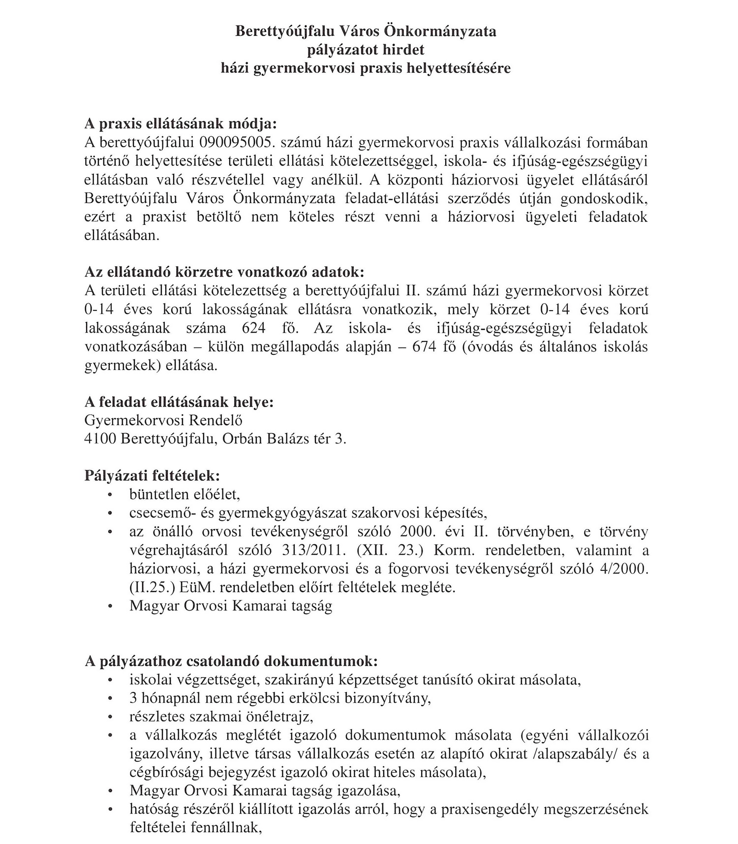 Pályázati kiírás házi gyermekorvosi praxis helyettesítésére 1