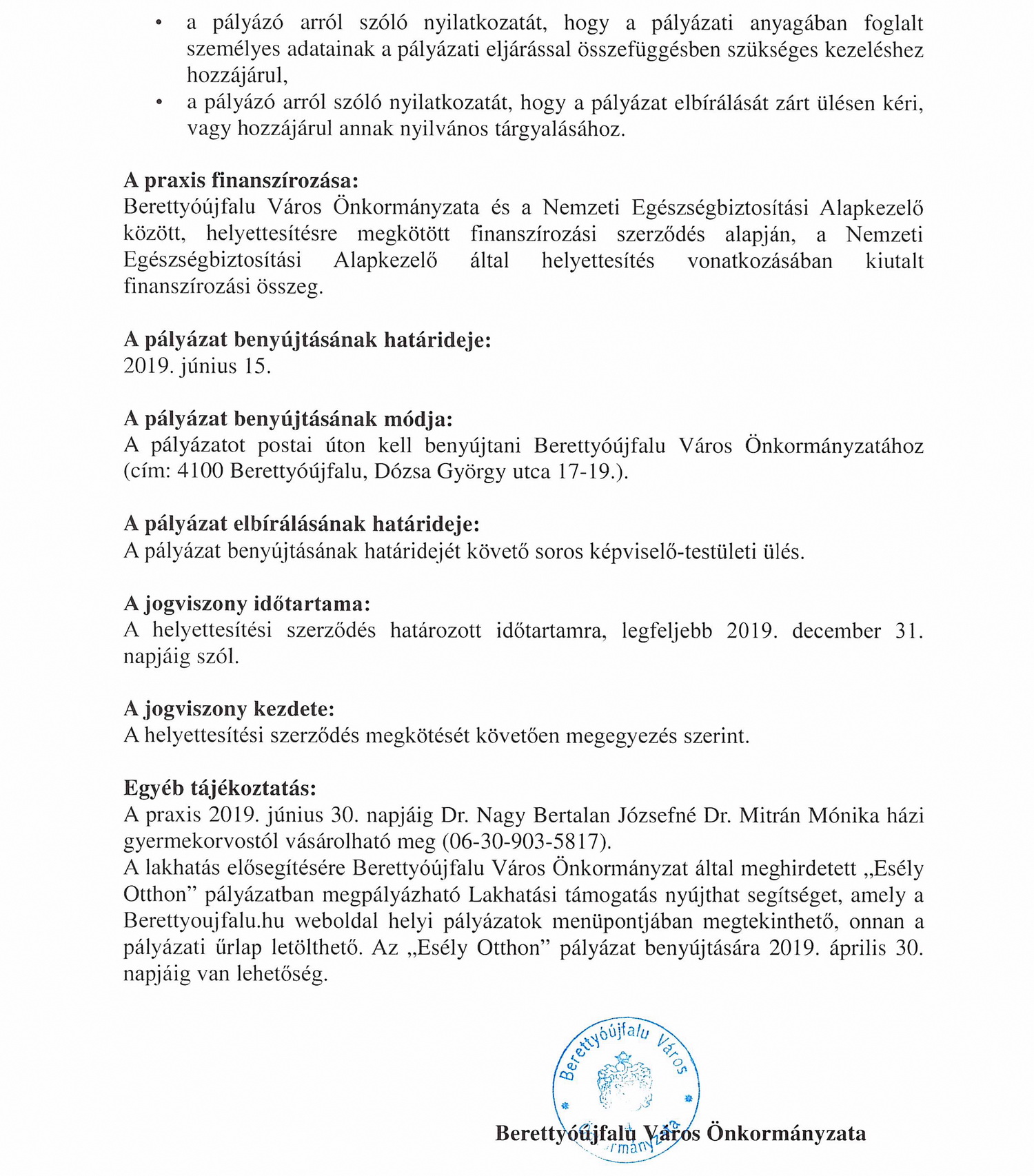 Pályázati kiírás házi gyermekorvosi praxis helyettesítésére 2