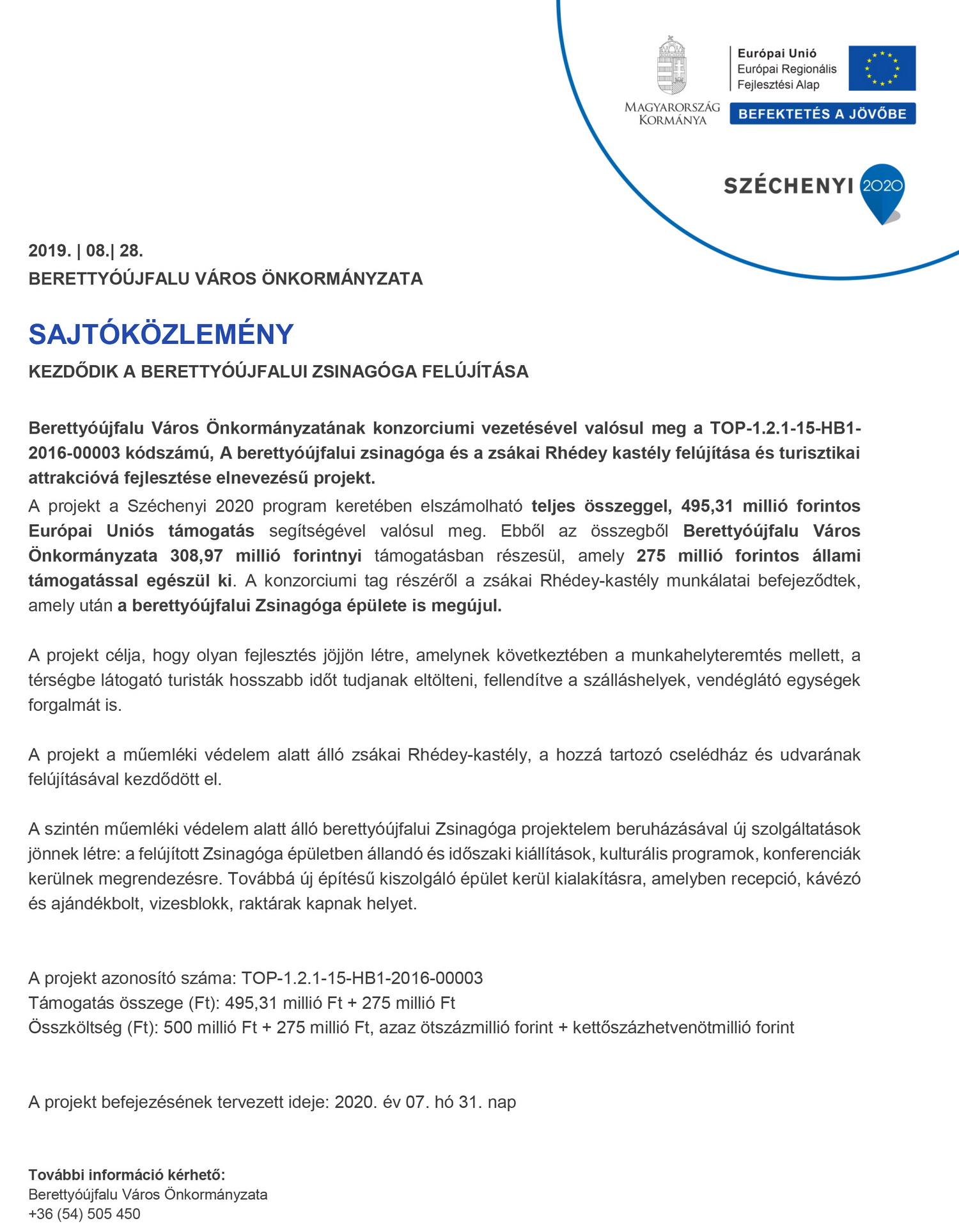 Sajtóközlemény a projekt indításáról Zsinagóga