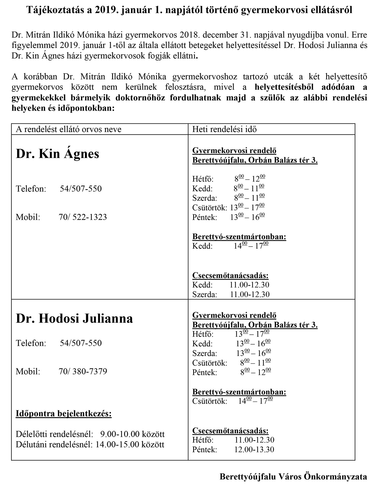 tájékoztatás gyermekorvosi ellátásról 2019.01