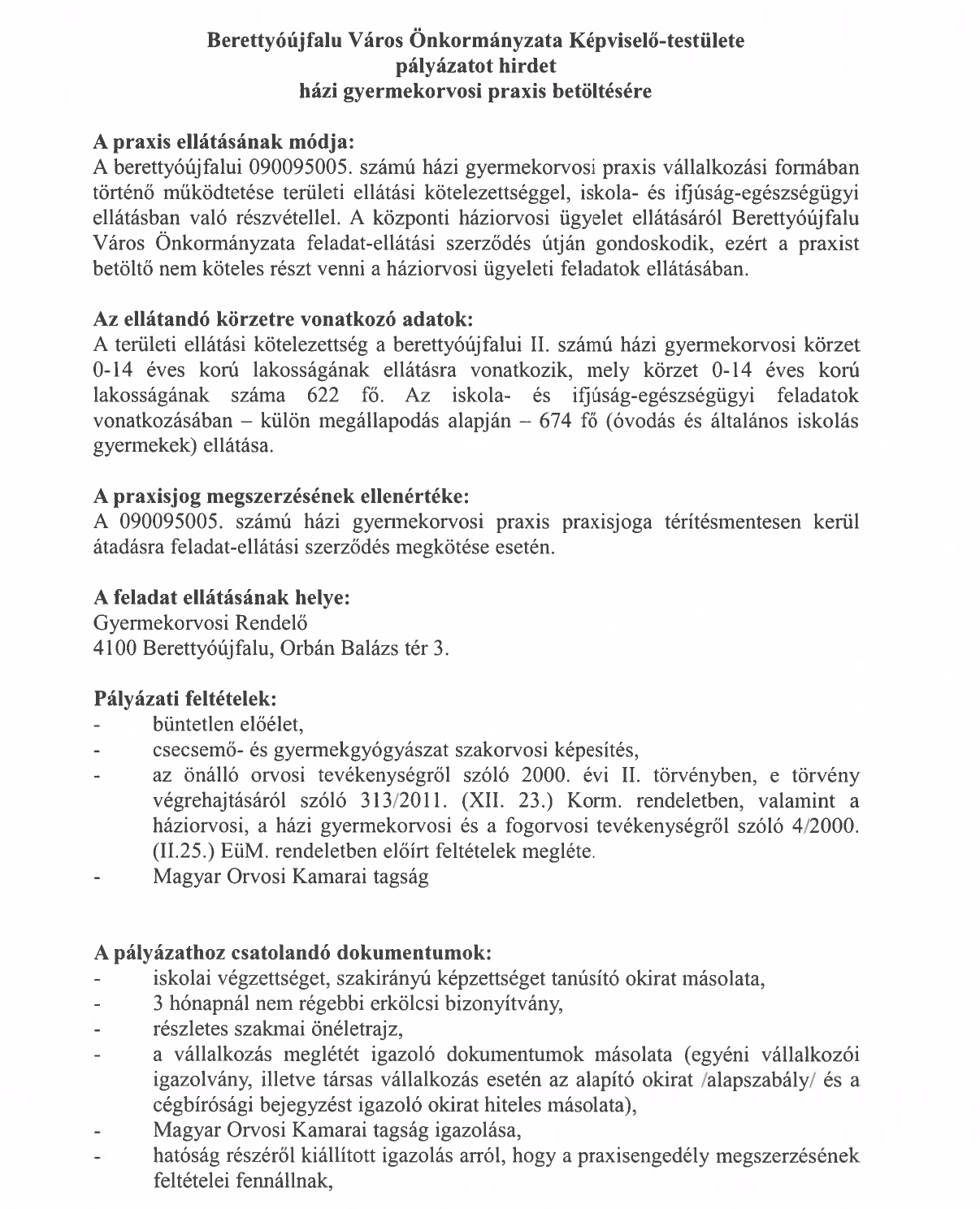 Pályázati kiírás házi gyermekorvosi praxis betöltésére page 0001