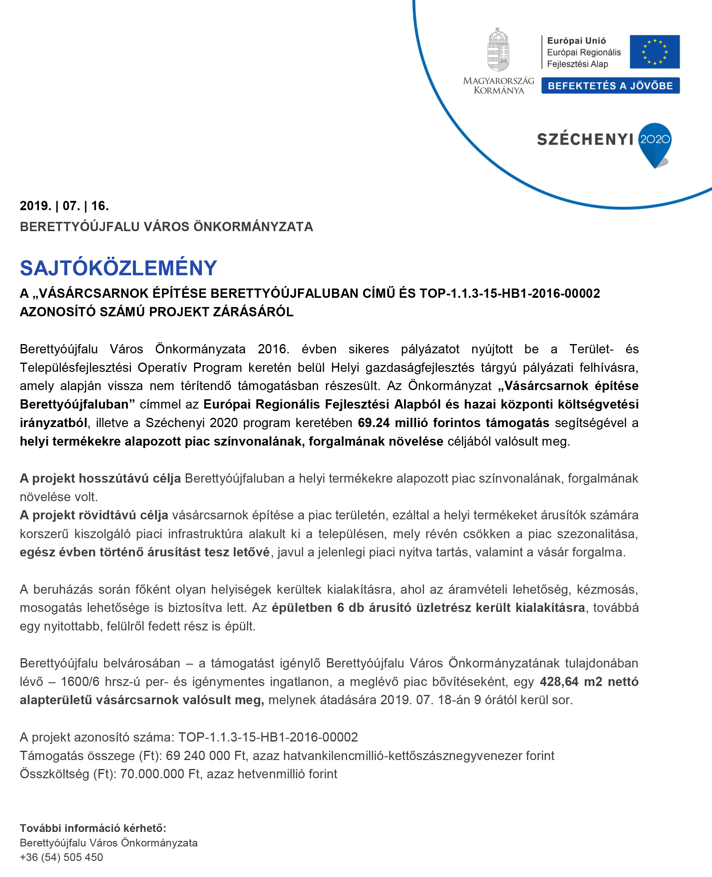 projektzáró sajtóközlemény   vásárcsarnok építése berettyóújfaluban