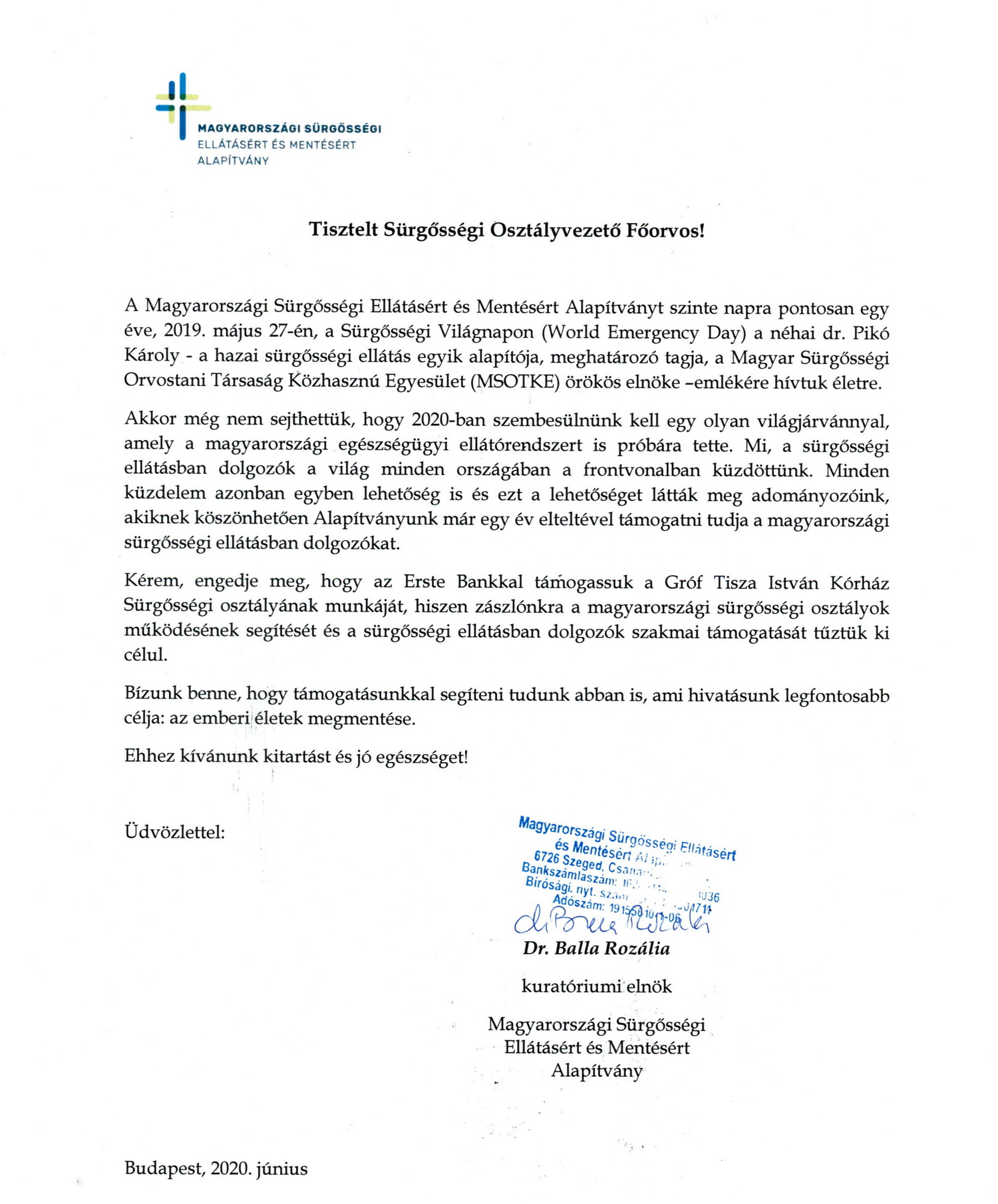 Alapítványi elnök asszony levele