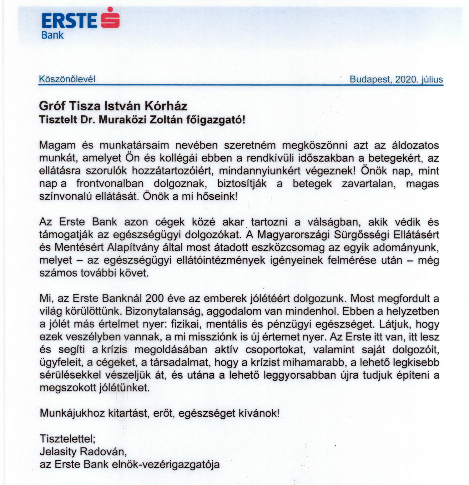 Erste Bank köszönőlevél