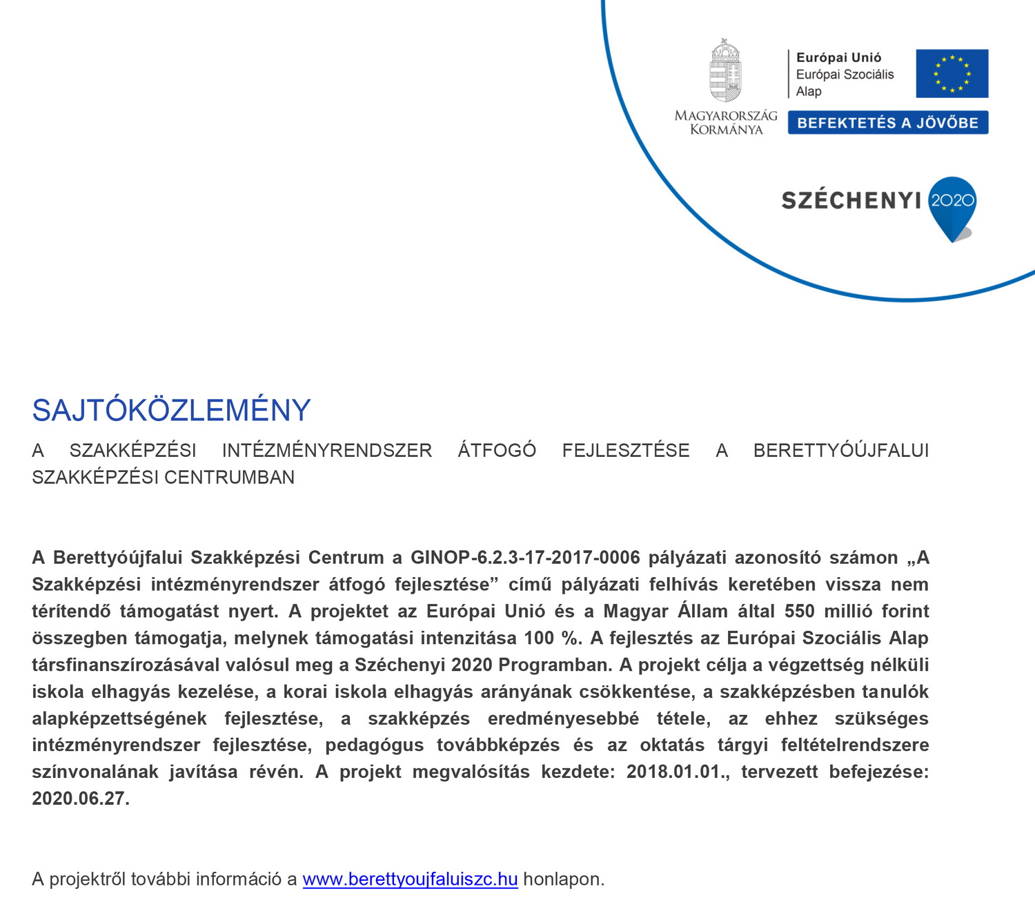 BerettyóújfaluiSZC sajtóközlemény GINOP6.2