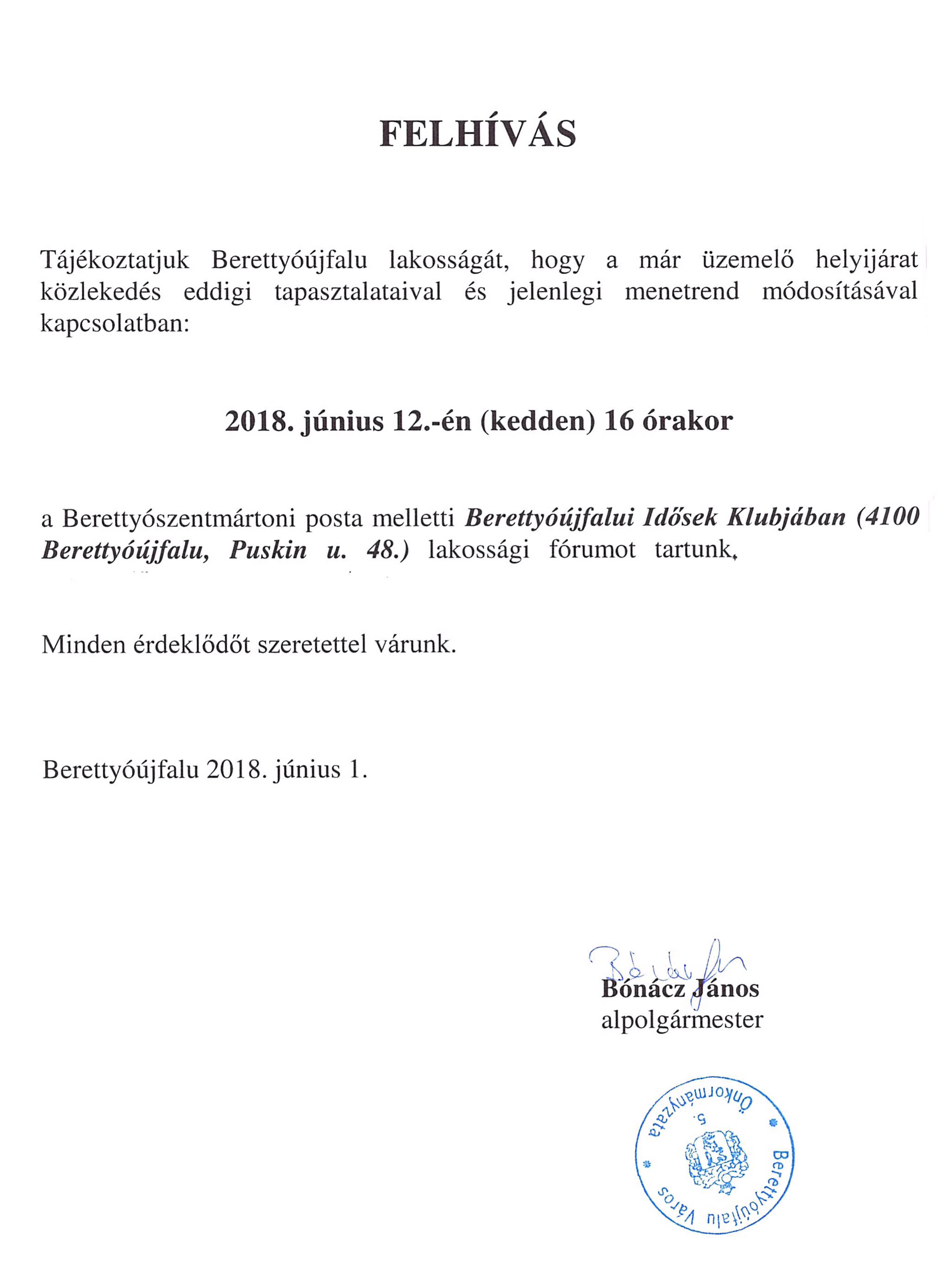 Lakossági felhívás helyíjárattal kapcsolatban 2018.06.12.