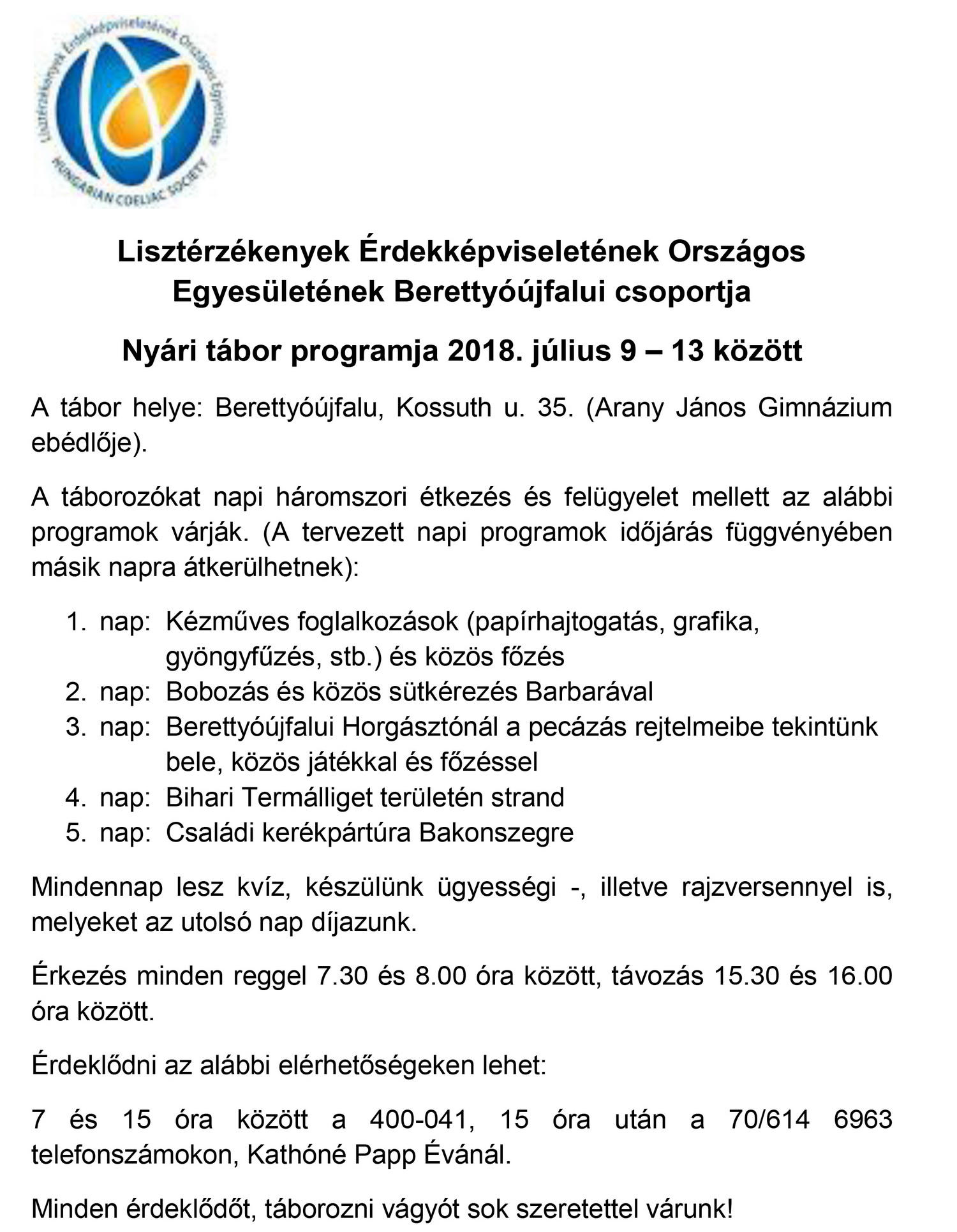 Lisztérzékenyek Érdekképviseletének Országos Egyesületének Berettyóújfalui csoportja