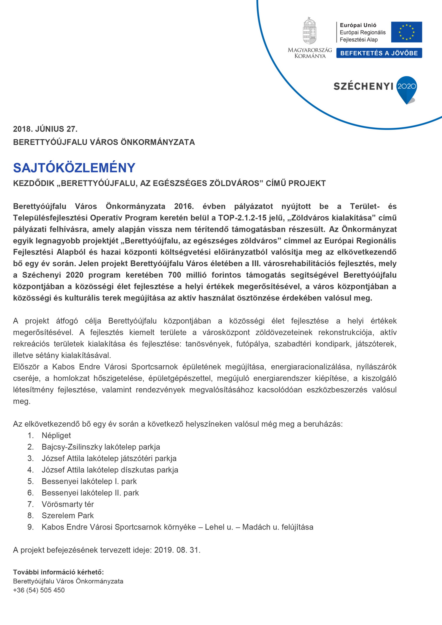 Sajtóközlemény   Berettyóújfalu, az egészséges zöldváros c