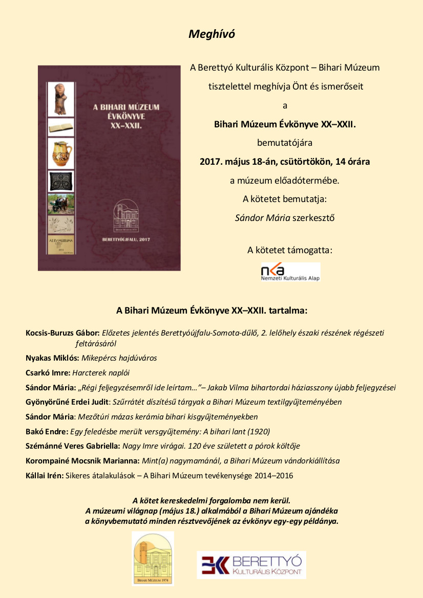 Bihari Múzeum Évkönyve XX XXII. bemutatója