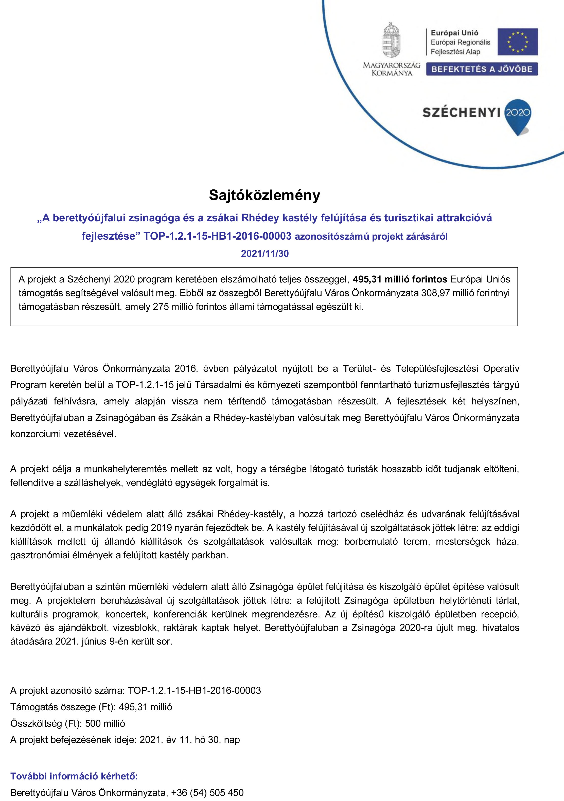 Sajtóközlemény a projekt zárásáról