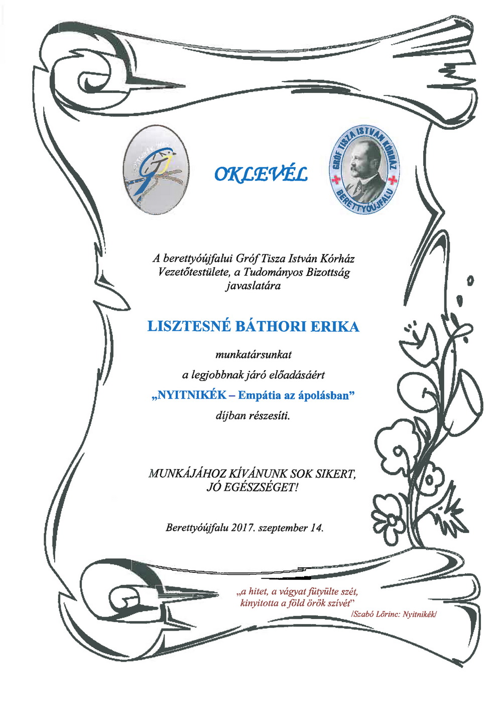 Lisztesné Báthori Erika   oklevél