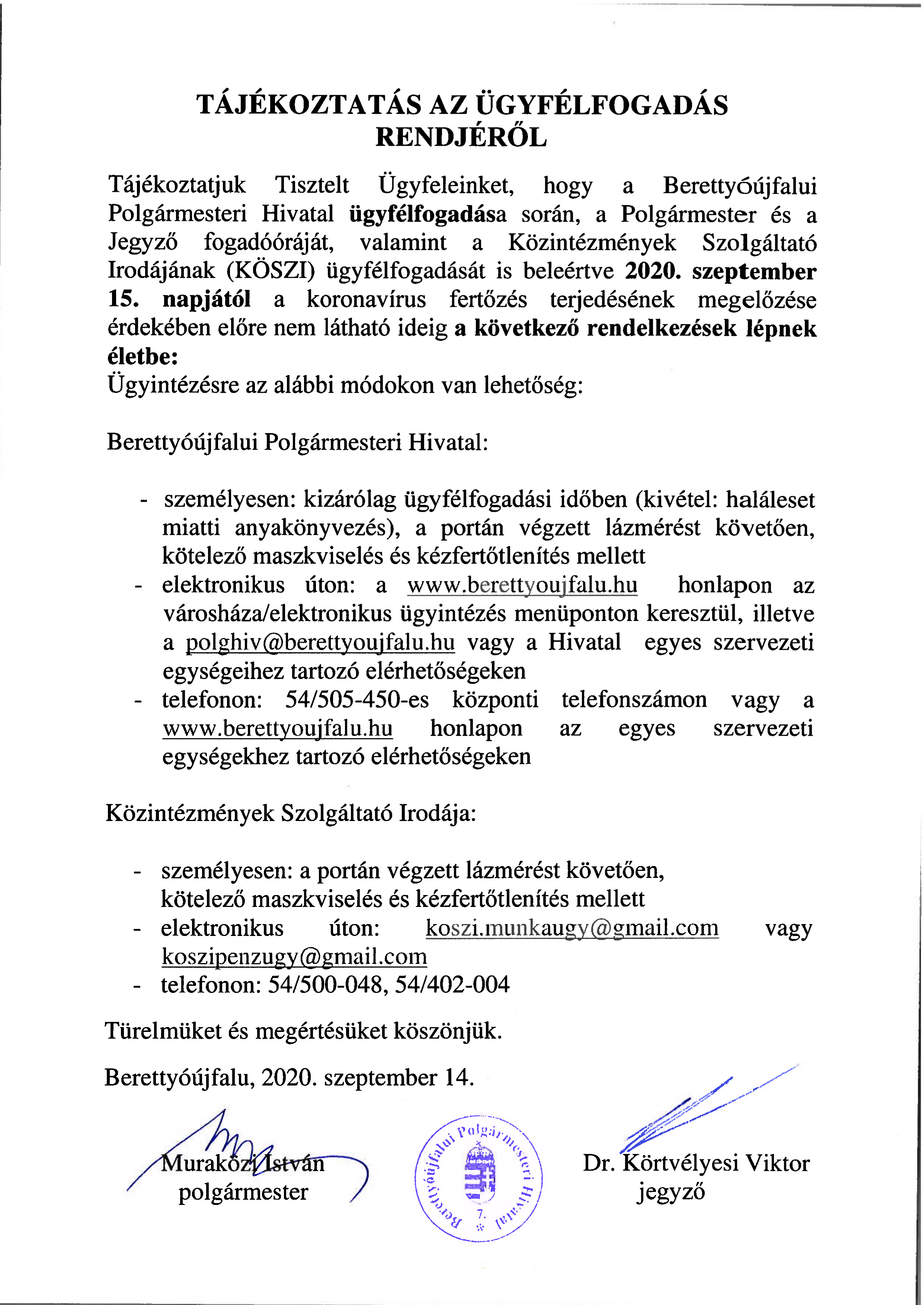 Hirdetmény ügyfélfogadás rendjéről